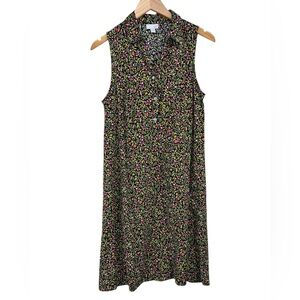 J.Jill Sleeveless Black Floral 1/4 Button Knee Length Easy Care Dress Small